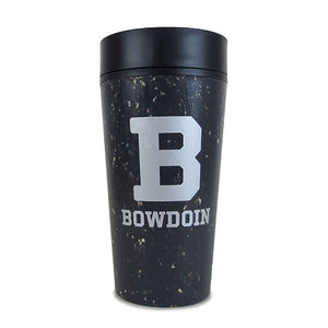 Black coffee travel tumbler with flecks of grey, brown, and white. Large silver imprint of B over Bowdoin.
