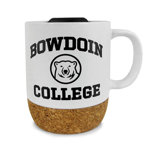 White handled mug with cork bottom and black lid. Black imprint of BOWDOIN arched over mascot medallion over COLLEGE.