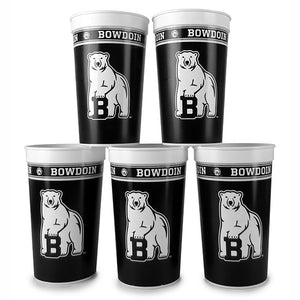 5 black and white plastic cups with polar bear imprint and BOWDOIN and medallion repeating band around the top.