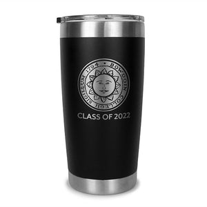 Matte black coffee mug with stainless bands at top and bottom, clear plastic lid, and etched Bowdoin seal over CLASS OF 2022