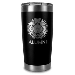 Matte black coffee mug with stainless bands at top and bottom, clear plastic lid, and etched Bowdoin seal over ALUMNI