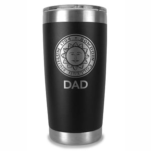 Matte black coffee mug with stainless bands at top and bottom, clear plastic lid, and etched Bowdoin seal over DAD