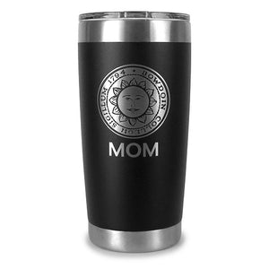 Matte black coffee mug with stainless bands at top and bottom, clear plastic lid, and etched Bowdoin seal over MOM