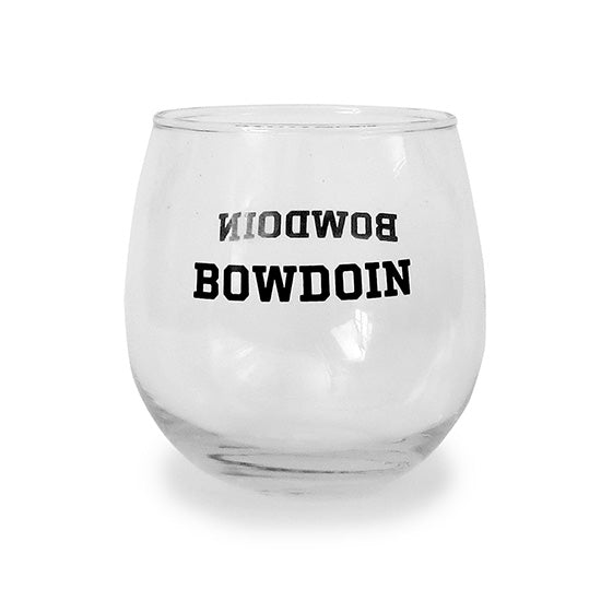 Round stemless clear wineglass with black BOWDOIN imprint on both sides.