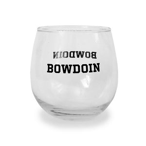 Round stemless clear wineglass with black BOWDOIN imprint on both sides.