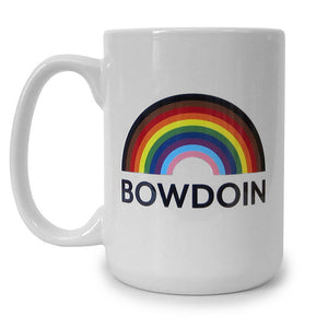 White mug with pride rainbow including black, brown, red, orange, yellow, green, blue, violet, light blue, and pink stripes over the word BOWDOIN in black.