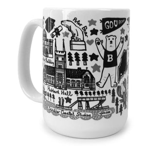 Back side of Julia Gash mug with pictures of the mascot, Hyde Plaza bear statue, Hubbard, and Schiller Coastal Studies, all in simple greyscale drawings.