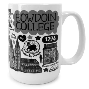 Front of Julia Gash mug with Bowdoin College, the Bowdoin log dessert, Mass Hall, and the Chapel, all in simple greyscale drawings.
