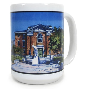 White mug with print of watercolor painting of Hyde Plaza.