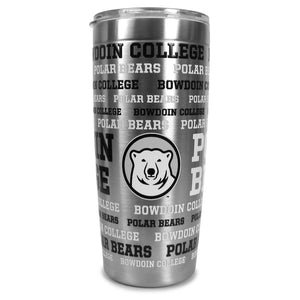 Stainless travel mug with all-over BOWDOIN COLLEGE POLAR BEARS print in black and white, and Bowdoin mascot medallion in the center.