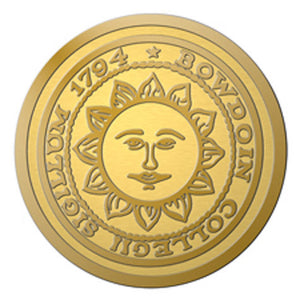 Closeup of engraved Bowdoin sun seal medallion.