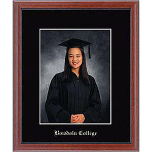 Vertical cherry finish photo frame with beaded black inner lip, black matte with embossed BOWDOIN COLLEGE in Old English typeface.