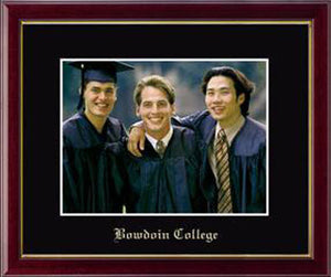 Horizontal orientation Galleria photo frame with glossy mahogany finish and gold fillet, black matte with embossed BOWDOIN COLLEGE in Old English typeface on bottom.
