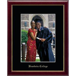 Vertical Galleria photo frame with glossy mahogany finish frame with inner gold fillet, black matte board with BOWDOIN COLLEGE in Old English typeface at the bottom.