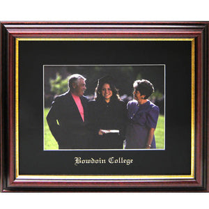 Horizontal mahogany finish photo frame with gold inner lip, black matte embossed with BOWDOIN COLLEGE in Old English typeface.