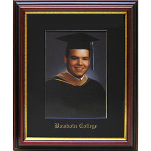 Vertical mahogany finish photo frame with gold inner lip, black matte embossed with BOWDOIN COLLEGE in Old English typeface.