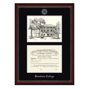 Tall diploma frame with mahogany finish with beaded black inner lip, encasing black matte board with a silver embossed Bowdoin sun seal on the top and BOWDOIN COLLEGE in Old English typeface on the bottom. The top half of the matte is cut out to show a pen and ink drawing of Mass Hall; the bottom has space for a diploma.