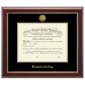 Diploma frame with glossy cherry frame with inner gold ridge. Black matte with inner gold matte, inset with a gold Bowdoin sun seal medallion on the top, and BOWDOIN COLLEGE in Old English typeface embossed in gold on the bottom.