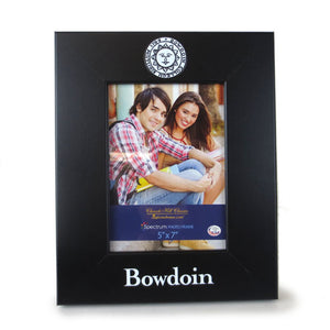 Black picture frame in vertical layout with Bowdoin seal imprint on top of frame, and BOWDOIN on the bottom of the frame.