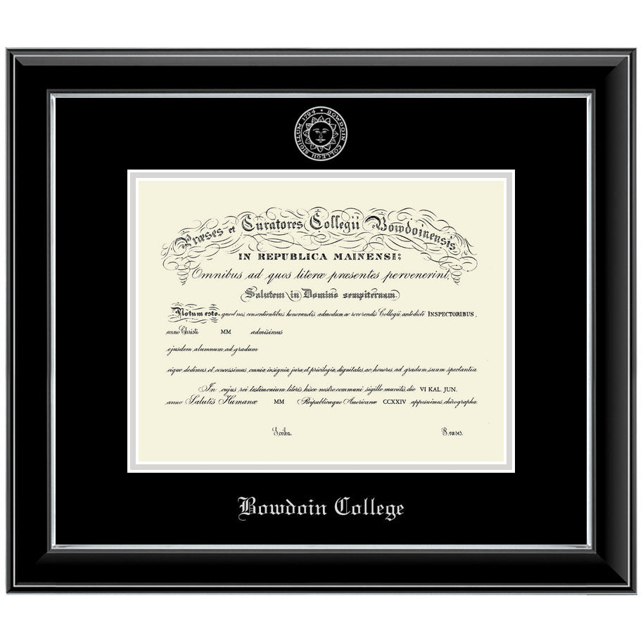 Glossy black diploma frame with silver fillet and black outer matte, embossed with silver sun seal on top, BOWDOIN COLLEGE on the bottom in Old English typeface. Silver inner matte.