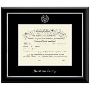 Glossy black diploma frame with silver fillet and black outer matte, embossed with silver sun seal on top, BOWDOIN COLLEGE on the bottom in Old English typeface. Silver inner matte.