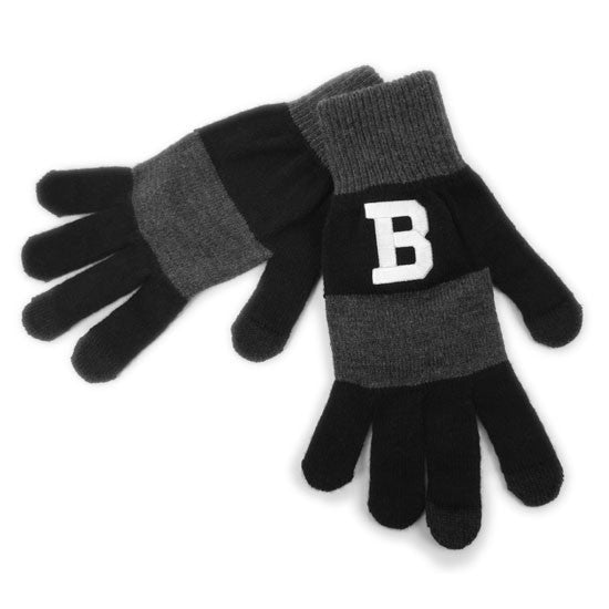 Black and grey striped stretchy knit gloves with white embroidered B patch on back of hand.