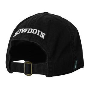 Back view of a black baseball cap with the word BOWDOIN embroidered over the back opening, showing the brass buckle size-adjuster.