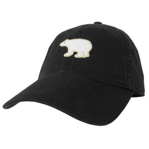 Black twill baseball hat with embroidered felt polar bear patch on the front.