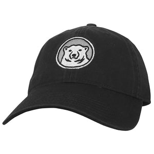 Relaxed twill baseball hat with embroidered Bowdoin polar bear mascot medallion in black.