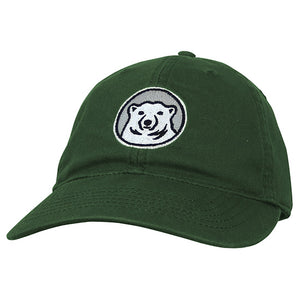 Relaxed twill baseball hat with embroidered Bowdoin polar bear mascot medallion in dark green.