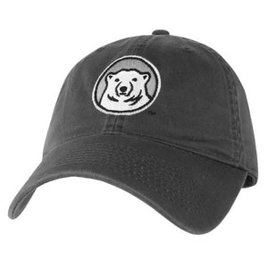 Relaxed twill baseball hat with embroidered Bowdoin polar bear mascot medallion in gray.