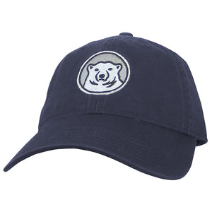 Relaxed twill baseball hat with embroidered Bowdoin polar bear mascot medallion in navy.
