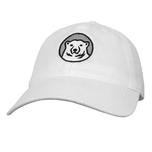 Relaxed twill baseball hat with embroidered Bowdoin polar bear mascot medallion in white.