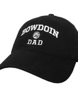 Black baseball cap with embroidered BOWDOIN arched over mascot medallion over DAD