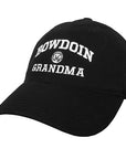 Black baseball cap with embroidered BOWDOIN arched over mascot medallion over GRANDMA
