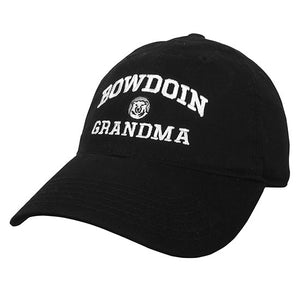 Black baseball cap with embroidered BOWDOIN arched over mascot medallion over GRANDMA