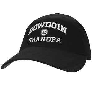 Black baseball cap with embroidered BOWDOIN arched over mascot medallion over GRANDPA