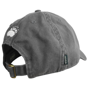 The back of a dark gray baseball cap showing the brass buckle of the adjustable closure and a white paw print embroidered over the opening.