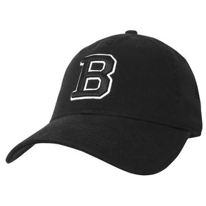 Black baseball hat with black embroidered B with a white embroidered stroke outline.