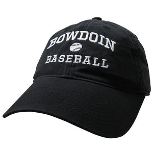 Black twill baseball cap with white embroidery of BOWDOIN arched over a baseball over the word BASEBALL.