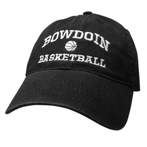 Black twill baseball cap with white embroidery of BOWDOIN arched over a basketball over the word BASKETBALL.