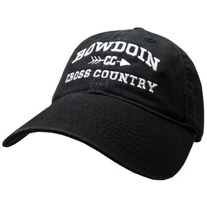 Black twill baseball cap with white embroidery of BOWDOIN arched over the letters CC pierced with an arrow over the words CROSS COUNTRY.