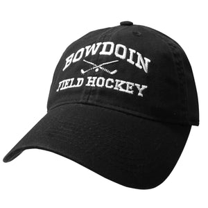 Black twill baseball cap with white embroidery of BOWDOIN arched over crossed field hockey sticks over the words FIELD HOCKEY.