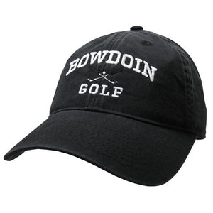 Black twill baseball cap with white embroidery of BOWDOIN arched over crossed golf clubs over the word GOLF.