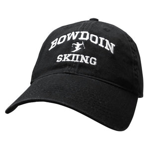Black twill baseball cap with white embroidery of BOWDOIN arched over an icon of a jumping skiier over the word SKIING.