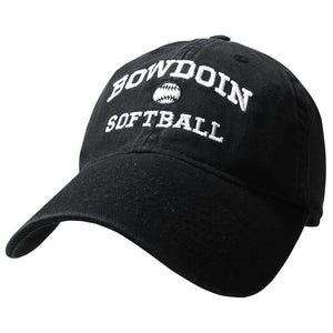 Black twill baseball cap with white embroidery of BOWDOIN arched over a softball over the word SOFTBALL.