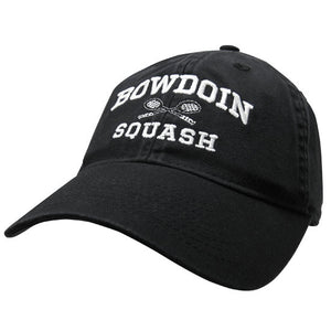 Black twill baseball cap with white embroidery of BOWDOIN arched over crossed squash racquets over the word SQUASH.