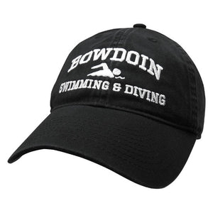 Black twill baseball cap with white embroidery of BOWDOIN arched over an icon of a swimmer over the words SWIMMING & DIVING.