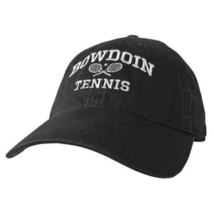 Black twill baseball cap with white embroidery of BOWDOIN arched over crossed tennis racquets over the word TENNIS.