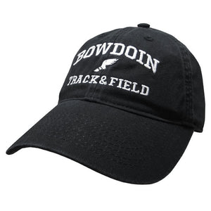 Black twill baseball cap with white embroidery of BOWDOIN arched over an icon of a winged foot over the words TRACK & FIELD.